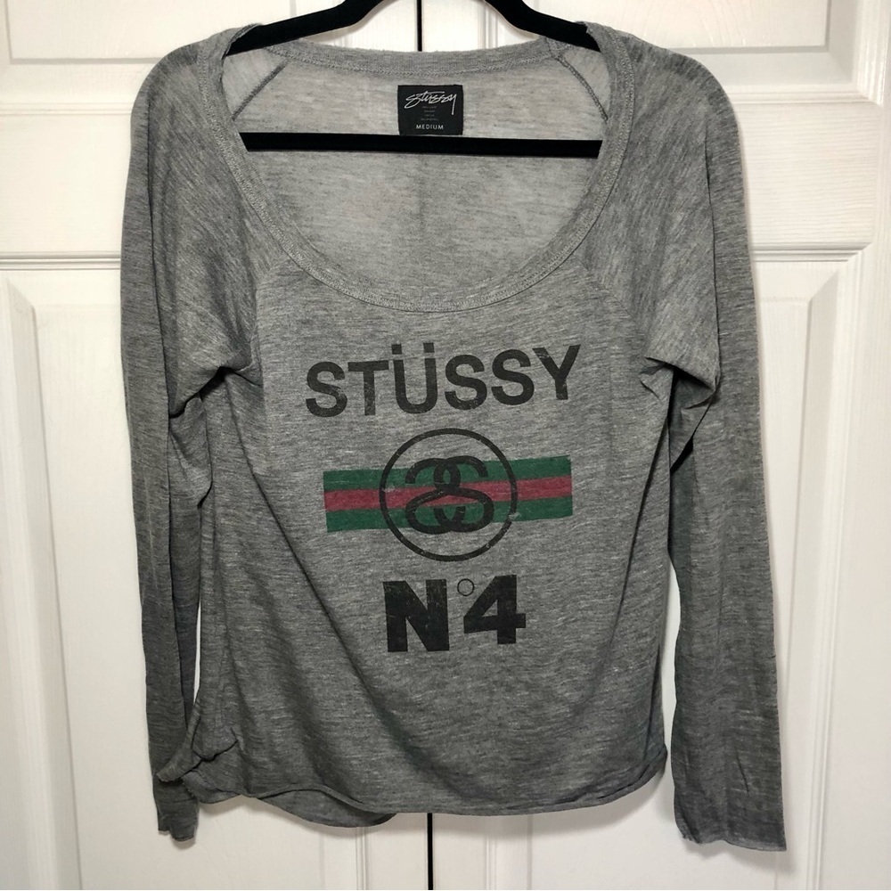 Gray Stussy No 4 Wide Neck Raw Edge Long Sleeve T Shirt Size M